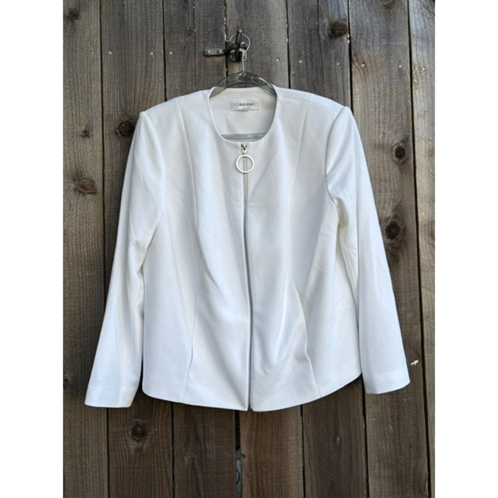 Calvin Klein White Full Zip Ring Pull Collarless Jacket Size 14W